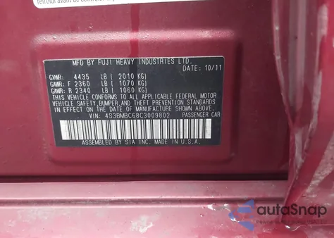 2012 Subaru Legacy 2.5I Premium z USA, uszkodzony, nr VIN 4S3BMBC68C3009802